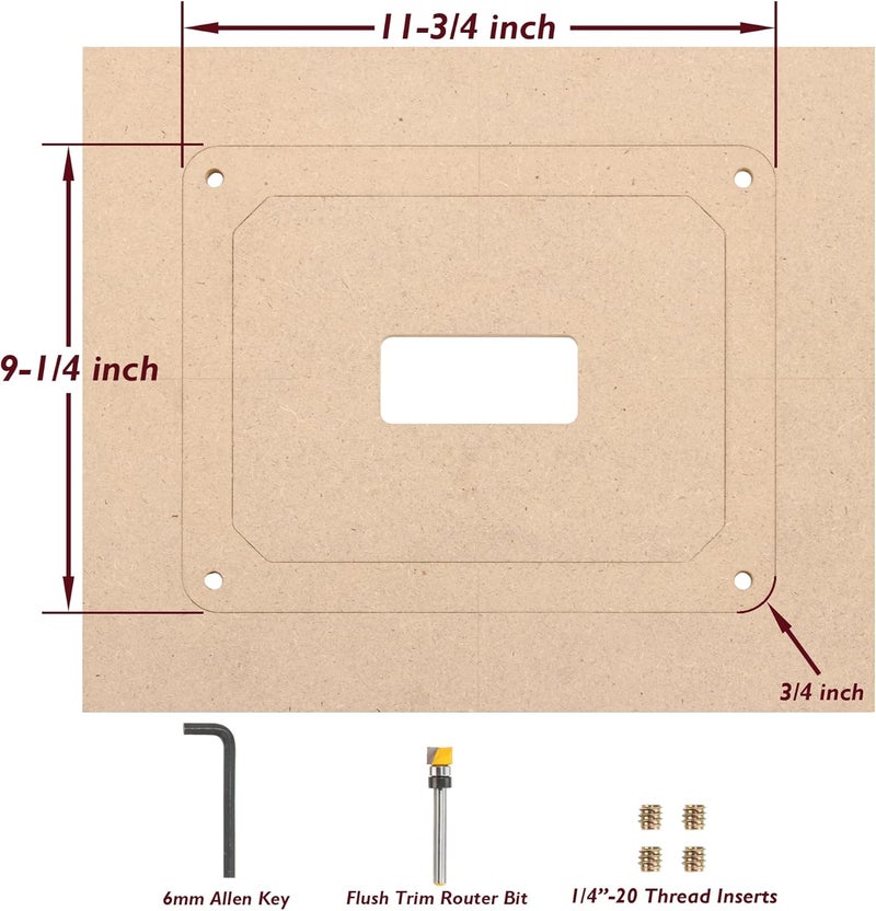 O'SKOOL Router Table Insert Plate Template Kit – Includes MDF Routing Template, Threaded Inserts, Router Bits for 9-1/4 x 11-3/4 Standard Plates, RTS020 - Image 2